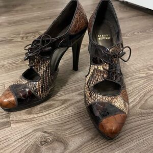 Multi color lace front Stuart Weitzman brown heels